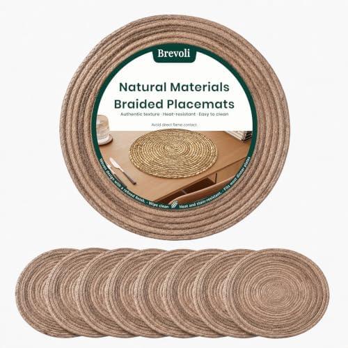 13 Inch Round Woven Placemats Set of 8, Natural Banana Leaf Charger Plates by Brevoli