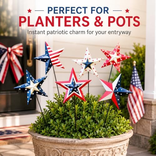 4th of July Decorations Outdoor 19" Metal Barn Star 6-Pack, Patriotic Outdoor Decorations, Rustic Iron Decorative Garden Stakes with American Flag Stars for Yard Patio Lawn - Image 2