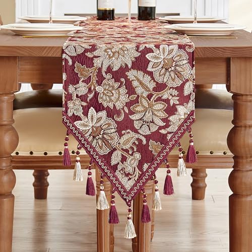 Loom and Mill Vintage Jacquard Damask Table Runner 13x72 inch, Burgundy by LoomandMill