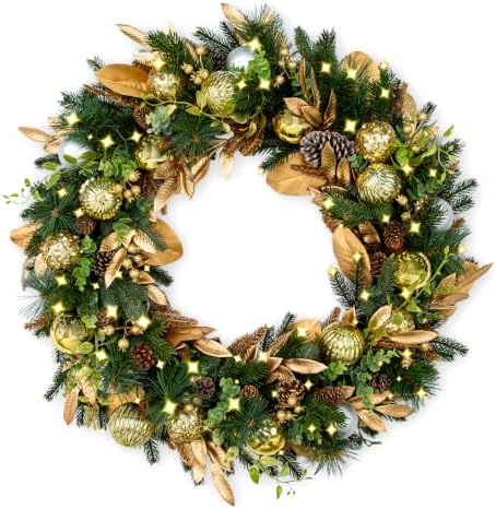 Hykolity 28 Inch Pre-Lit Botanical Christmas Wreath with 50 Warm White LEDs and Timer, Battery Operated Artificial PE & PVC Wreath with Ornaments, Pinecones and Layered Gold Leaves for Front Door by hykolity