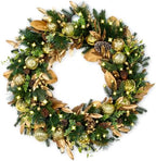 Hykolity 32 Inch Pre-Lit Botanical Christmas Wreath with 60 Warm White LEDs and Timer, Battery Operated Artificial PE & PVC Wreath with Ornaments, Pinecones and Layered Gold Leaves for Front Door by hykolity
