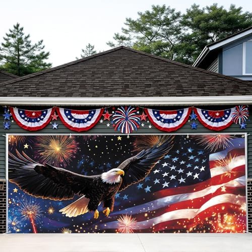 7x16FT Independence Day Garage Door Banner Eagle American Flag Garage Door Cover Decoration for Patriots Party (Eagle Flag, 7 * 16) by FOREVERQUEEN