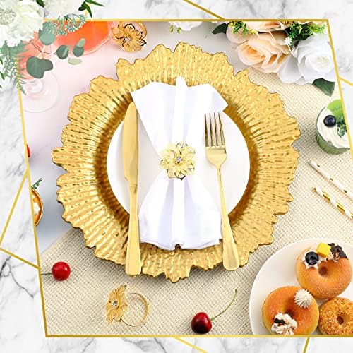 Dandat 100 Pcs Charger Plate Bulk 13'' Floral Reef Plates with Napkin Ring 50 Plastic Dinner Charger Plate 50 Flower Napkin Holder for Table Setting Wedding Party (Gold) - Image 4