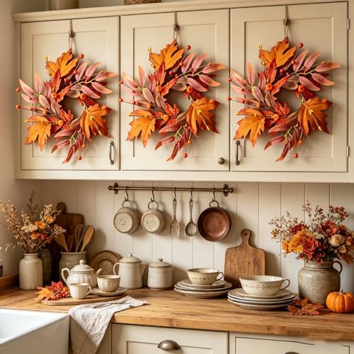 6 PCS Mini Fall Wreaths for Kitchen Cabinet 9 Inch Fall Maple Leaf Wreath for Front Door Small Autumn Hanging Wreath Thanksgiving Candle Ring for Farmhouse Home Porch Wall Window Table Decoration - Image 6