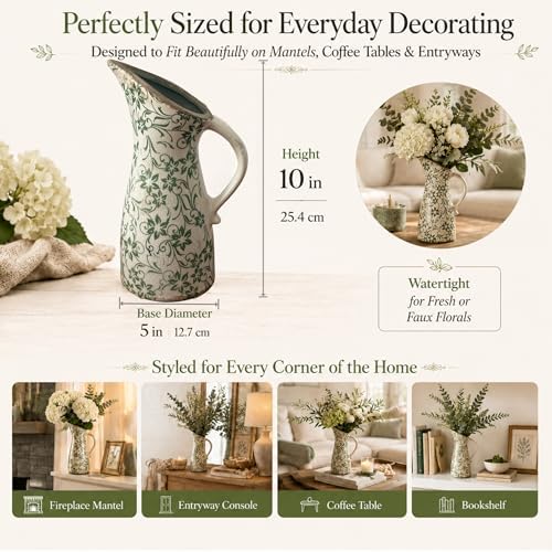 10" Farmhouse Pitcher Vase – Tuscan Green Scroll Ceramic Vase with Handle, Vintage Floral Decorative Jug for Kitchen Counter, Table, Mantel Decor - Image 2