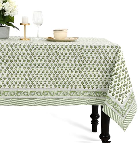 CPC Tablecloth 100% Cotton 70x108 Inch Indian Block Print Rectangle Table Cover, Green Table Cloth for Weddings, Spring/Summer, Barbeque - Emerald Green by COTTONPRINTCLUB