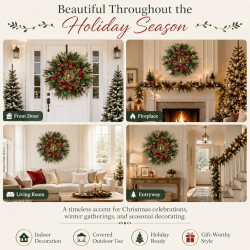 30Inch Large Christmas Wreath for Front Door with Bell, Red Roses & Berries - Image 6