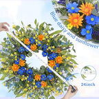LOKEISNA Daisy Sunflower Wreath Decor, 24 Inch Summer Wreaths for Front Door Outside, Handmade Blue Orange Floral Eucalyptus Wreath for Front Door Farmhouse Home Décor Gift - Image 2