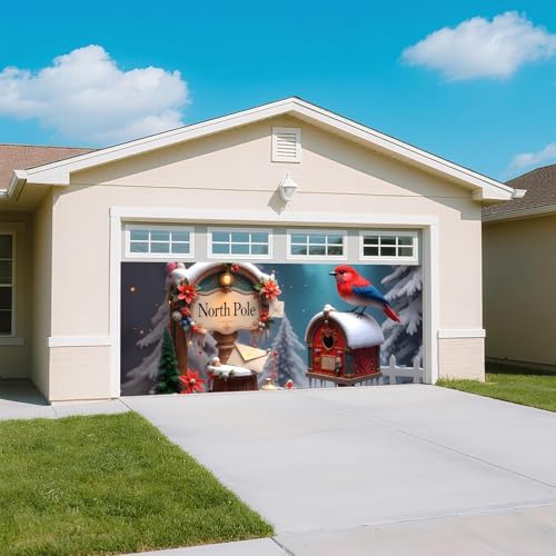 Christmas Garage Door Banner – North Pole Winter Scene with Red Bird, Mailbox & Snowy Decor, Large Waterproof Reusable Outdoor Holiday Mural for Home, Yard & Porch,16 x 7 ft / 4.8 x 2.1 m - Image 6