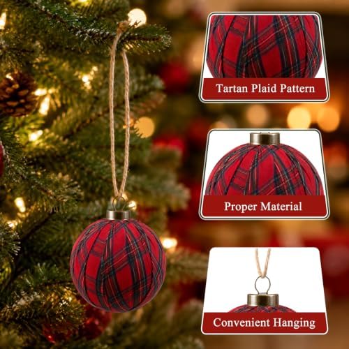 Hollowfly 24 Pcs 2.36 Inch Christmas Tartan Plaid Ball Ornaments Vintage Large Buffalo Plaid Balls Christmas Tree Hanging Ornament Rustic Ball Pendant Hanging Decor for Xmas Tree Party(Red) - Image 3