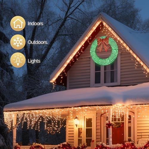 VINGLI 48 Inch Pre-lit Large Christmas Wreath, Outdoor Christmas Wreath with 315 LED Lights for Garage, Windows, Christmas Door Wreath Decorations with Red Bow, Timer Remote Control, Plug-in, Green - Image 2
