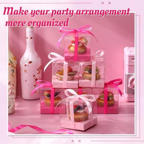 Gerrii 100 Pcs Clear Plastic Individual Cupcake Boxes 3.5" Single Cupcake Containers Transparent Ornament Gift Box with Inserts and Ribbon for Wedding Baby Shower Party Favor(Pink and Hot Pink) - Image 5