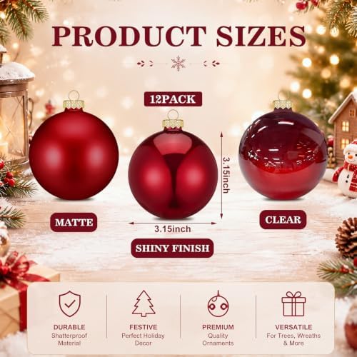 Seenelling 12 Pcs Christmas Glass Ball Ornaments 3.15 Inch, Burgundy - Image 3
