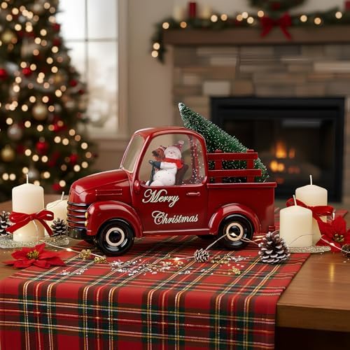 Snowman Christmas Snow Globes Red Truck Carrying Christmas Tree Water Lantern, 8 Christmas Music, Holiday Decorations Gifts for Family, Children or Friends - Image 6