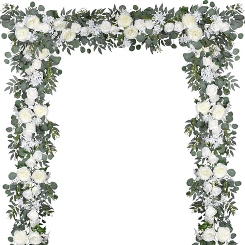 DearHouse 2Pcs Artificial Peony Flower Garland and - Silk Peony Garland with Flowers and Eucalyptus for Wedding Party Table Decoration,6ft/Strand (White) by DearHouse