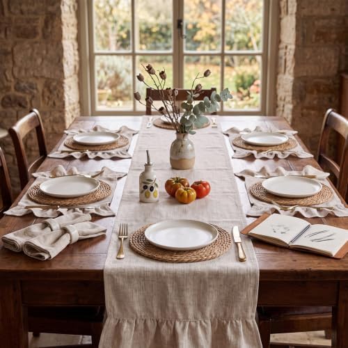 6 Boho Round Woven Placemats Ruffle Table Runner 13x72 - Image 4