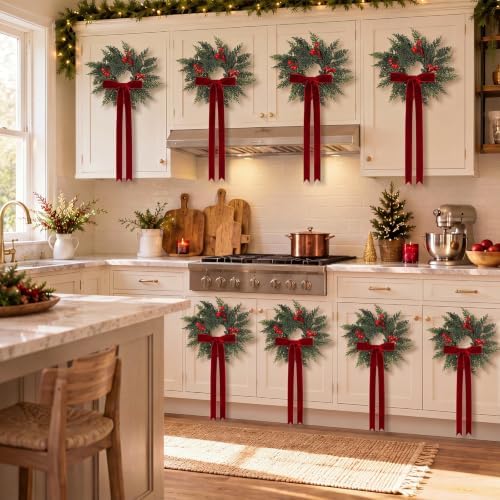 Giegxin 8 Pcs 9" Mini Christmas Kitchen Cabinet Wreath with Bow, Burgundy - Image 3
