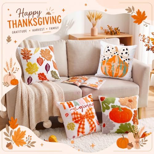 Mixweer 4 Pcs Fall Pillow Covers Set, 18 x 18 Inch Embroidered Autumn Throw Pillow Cases, Harvest Thanksgiving Square Throw Cushion Cover for Couch Sofa Bed Home Decoration - Image 5