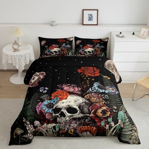 Erosebridal Sugar Skull Bedding Set,Botanical Flower Comforter Set for Kids Boys Girls Home Decor,Starry Sky Duvet Set Trippy Galaxy,Halloween Gothic Down Comforter Soft Lightweight 3Pcs,Full Size by Erosebridal