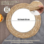 Kochorie Set of 12 Round Woven Placemats - 13.8 Inches Natural Boho Rattan Wicker Table Mats for Home Dining Table - Image 2