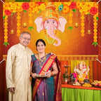 Avezano Indian Pooja Traditional Backdrop Indian Religious Festival Marigold Banner Orange Flower Marriage Hindu Curtain Bridal Shower Wedding Party Decorations Banner (8x6ft) - Image 4