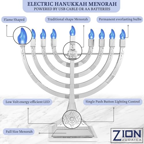 Zion Judaica 12" LED Chanukah Menorah with Flame Shaped LED Bulbs Electric Menorah USB Powered or Batteries Electronic Minorah - 4' Cable Included Hanukkah Battery Menorahs Silver - Image 6