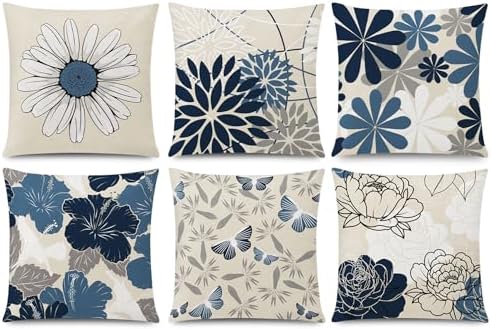 COMMINY Blue Beige Linen Pillow Covers 20x20 Set 6 Farmhouse Throw Cover by Unknown
