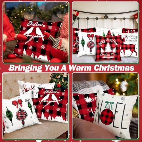 Ganeen 12 Pcs Christmas Pillow Covers Red and Black Buffalo Plaid 18 x 18'' Merry Christmas Throw Pillow Covers Farmhouse Cushion Pillow Case for Home Winter Holiday Couch Decor - Image 6