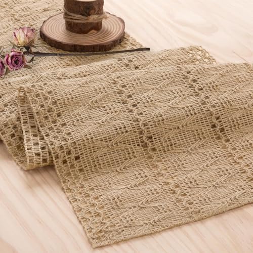 Niviy Burlap Boho Table Runner for Spring Home Decor 132 Inches Long, Modern Farmhouse Decor Rustic Macrame Woven Coffee Table Runners for Summer Dining Table Decoration, Burlap Brown by Niviy