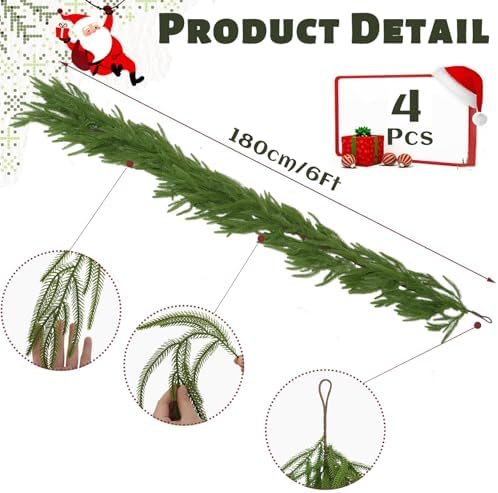 4 Pcs 6 FT Christmas Garland, Artificial Norfolk Pine Garland - Image 2