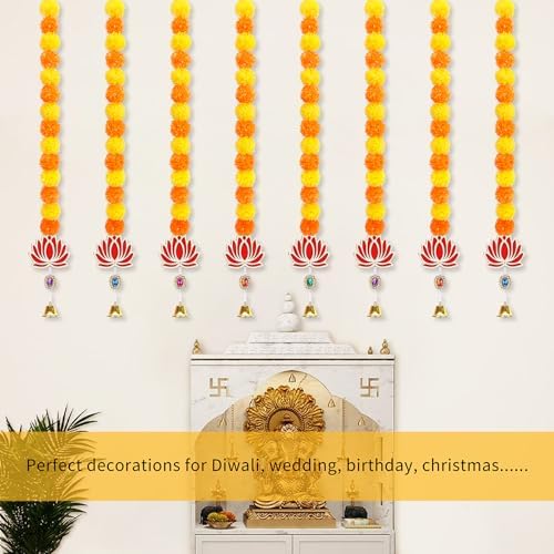 5PCS Artificial Marigold Garland with Lotus and Bell for Diwali Decoration, Marigold Long Strands for Indian Wedding Pooja Puja Decor, Flowers Garland for All Year Decoration - Image 4