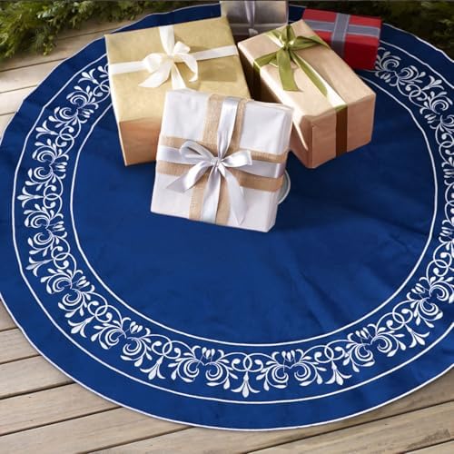 Blue Christmas Tree Skirt Velvet 30 Inch - Floral Embroidered Decoration - Image 3