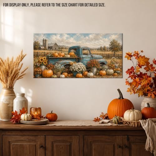 WAXWHELK Truck Fall Canvas Wall Art, Rustic Farmhouse Painting Pictures Autumn Thanksgiving Artwork, Vintage Blue Farm Fresh Truck Pumpkins and Flowers Home Decor for Living Room (12"x24") - Image 2