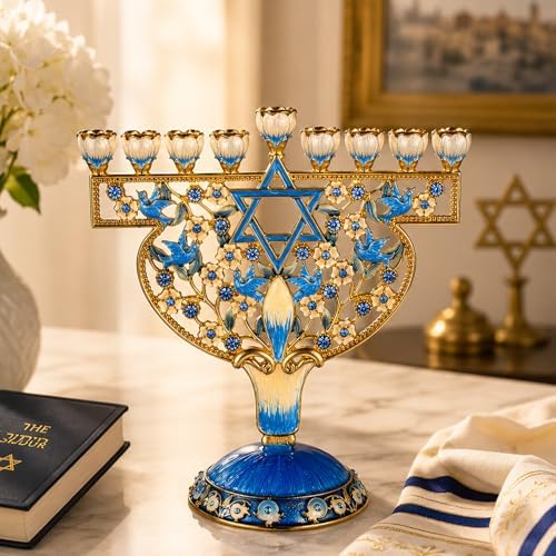 Matashi Hand-Painted Blue & Gold 9-Branch Hanukkah Menorah Candelabra Gift - Image 3