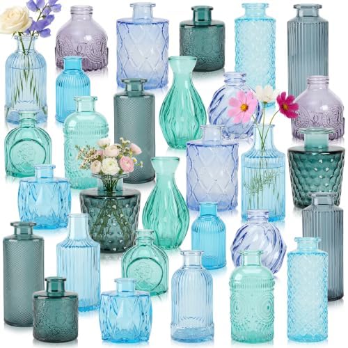 30 Pcs Blue Glass Bud Vases Bulk, Vintage Small Flower Vase Set by SUJUN