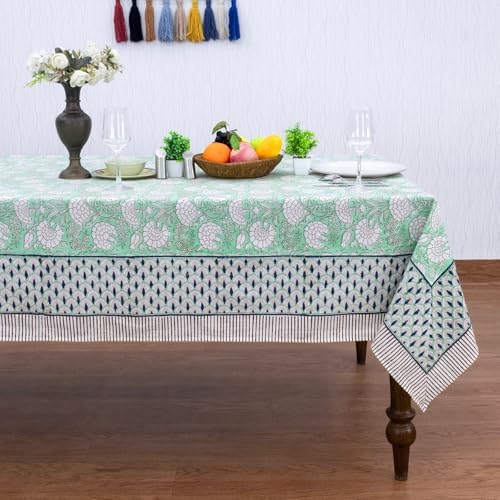 Home Spun & Crafts 72x190 Inches Rectangle Hand Block Print Tablecloth, 100% Cotton, Summer Green Floral Table Cloths Washable, Traditional Indian for Dining Outdoor Thanksgiving Halloween Christmas - Image 2
