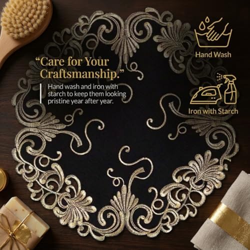 Decozen Set of 8 Doilies for Table, Lace Doilies - Rustic, Crochet, Farmhouse, Kitchen, Dining Table Centerpiece Decor - Round Christmas Placemats 15 inch Gold Black, The Chantelle Collection - Image 3