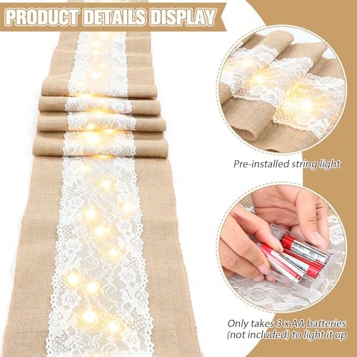 Xinnun 6 Pcs Burlap Table Runners with Lights Lace, 12 x 108 in, Flower - Image 3