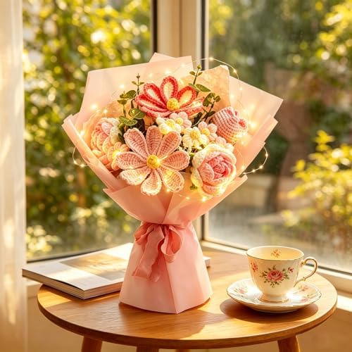Crochet Flower Bouquet, Pink Handmade Knitted Flowers with Card - Image 4