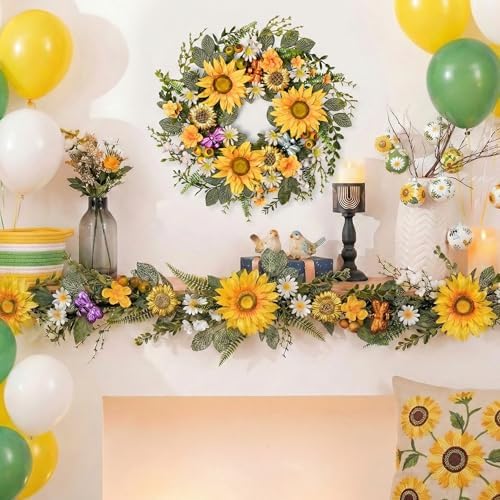 DecorbyHannah Summer Sunflower Wreaths for Front Door Outside All Season, 22 Inch Artificial Collapsible Farmhouse Wreaths with Daisy and Bee, Sunflower Decor for Porch, Wedding Housewarming Gifts - Image 4