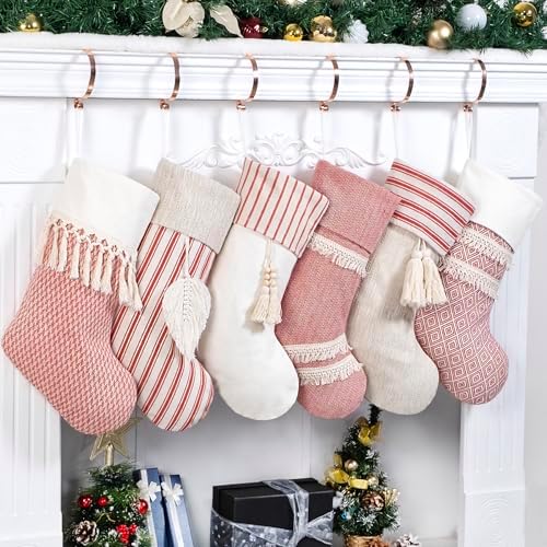 GEX Christmas Stockings 6 Pack for Family 20" Large Rustic Farmhouse Country Red Xmas Stockings with Tassels Hanging Ornament Decorations for Fireplace Xmas Season (Red, Set of 6) by GEXWorldwide