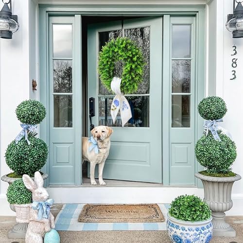 Boxwood Wreath for Front Door Spring Summer Wreaths Farmhouse Door Hanger,Last Name Year Round Porch Decor,20 inch Multi Occasion use Wreath with Personalized Monogram sash Embroidered -20 (A) - Image 3