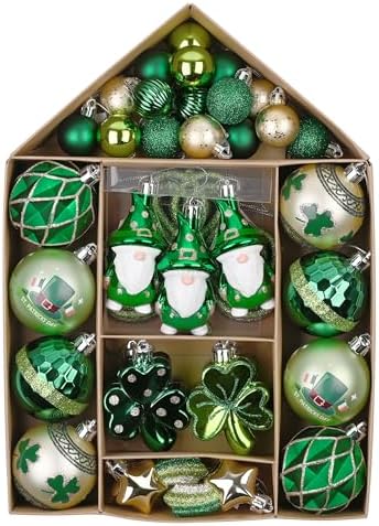 Valery Madelyn St Patricks Day Decorations Shamrock Tree Ornament,40pcs Hanging Ball Ornament Gnome Decor for Irish Festival, Good Luck Clover Emerald Green Gold Christmas Ball for Party Home Spring by ValeryMadelyn