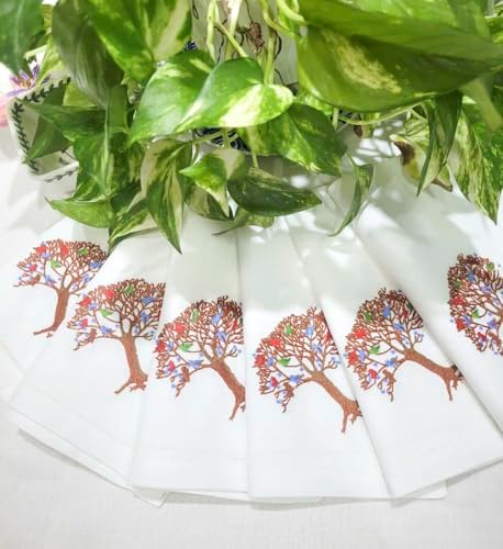 Embroidered Cotton Napkins with Tree of Life and Birds. Set of 6, 18"x18" White Table Napkins, Hemstitch Dinner, Party Napkins for Daily & Holidays, Events - Image 7