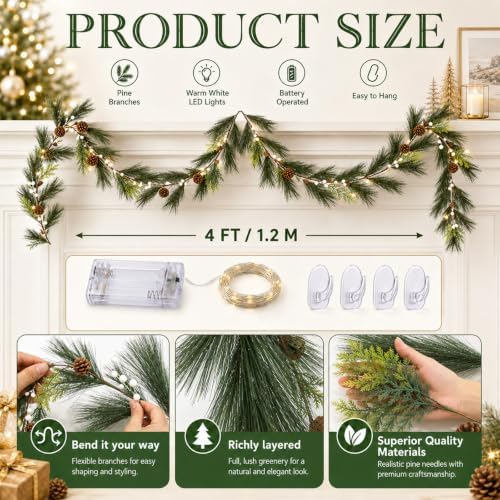 Suncalla 4 ft Pine Needles Christmas Mirror Garland with Light - Image 2
