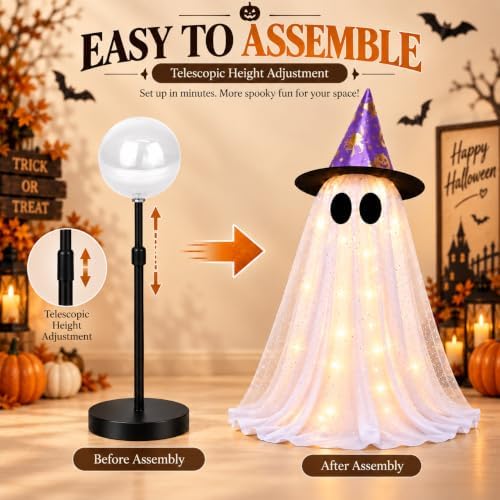 2 Pack Lighted White Ghost Halloween Decorations with Witch Hats, Telescopic Height Adjustable 12.35 to 21.65 Inches, 8 Lighting Modes Battery Operated, Halloween Indoor Decor for Table Mantel - Image 3