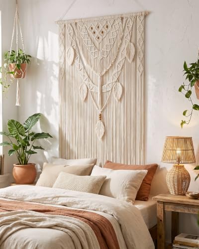 BECHAEO Boho Macrame Curtain with Leaves Tassels, 2PCS 39" x 79" White C - Image 2