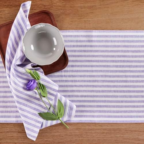 Solino Home 100% Linen Table Runner, 14 x 108 in, Violet and White Striped - Image 3