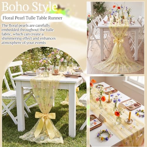 Lounsweer 3 Pcs Yellow Wildflower Table Runner 10ft Embroidery Tulle - Image 4