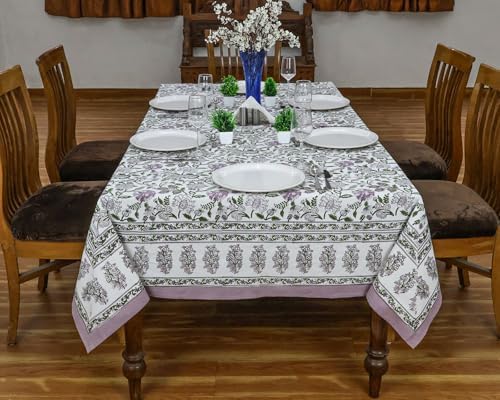 72x180 Inches Rectangle Hand Block Printed Cotton Tablecloth, Purple Green Floral Table Cloths Washable, Indian Table Linen For Halloween Christmas Outdoor Thanksgiving Gifts Home Decor Dinning Outdoor - Image 3
